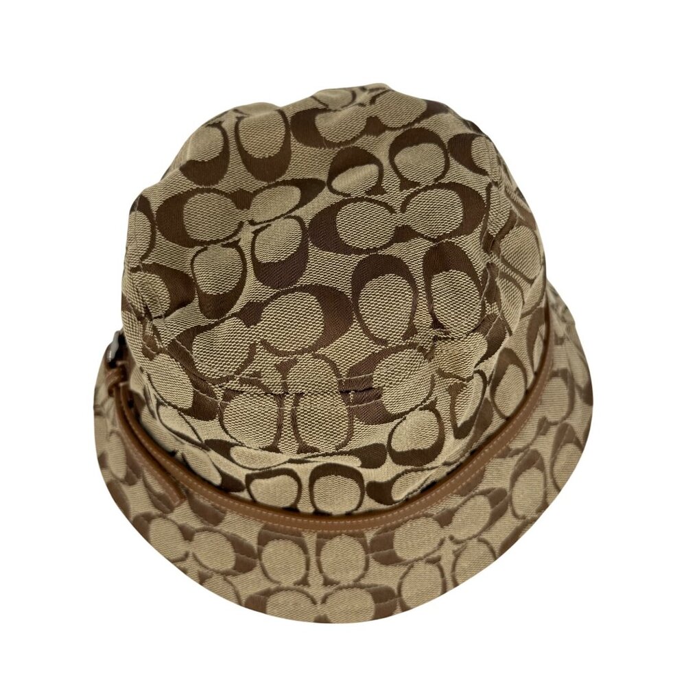 Vintage Coach CC Monogram Bucket Hat Brown/Tan Canvas Vegan Leather Accent Y2K - Picture 3 of 12